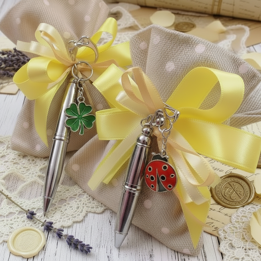 sacchettino tela rustica beige pois confezionato mini penna biro portachiavi bomboniera Comunione Cresima con fiocco coccarda nastro giallo ciondolo quadrifoglio coccinella