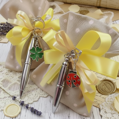 sacchettino tela rustica beige pois confezionato mini penna biro portachiavi bomboniera Comunione Cresima con fiocco coccarda nastro giallo ciondolo quadrifoglio coccinella