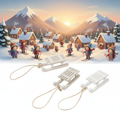 idea fai da te vetrina ambiente natale villaggio casette montagna neve bambola di pezza e maglia con slitte legno shabby chic bianco grigio, slitta piccola 6 cm