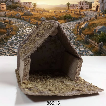 miniatura stalla capanna vuota per presepe Natività Sacra Famiglia piccola e mini, base legno con muschio