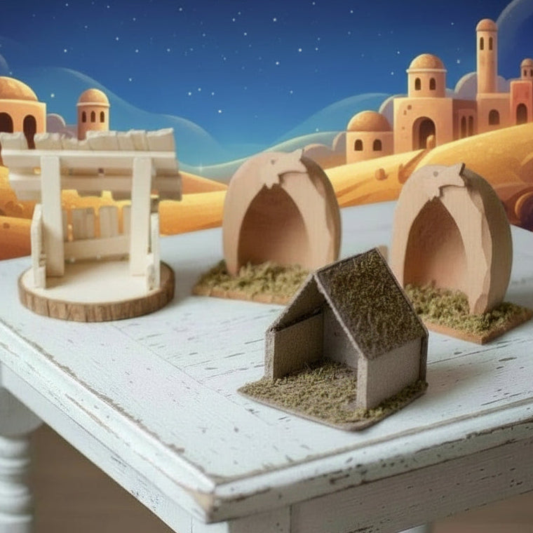 negozio miniatura stalla grotta capanna in legno vuota piccola per Presepe di mini statuine Natività modello arredo Presepi accessori Natale statuette 4-5 cm