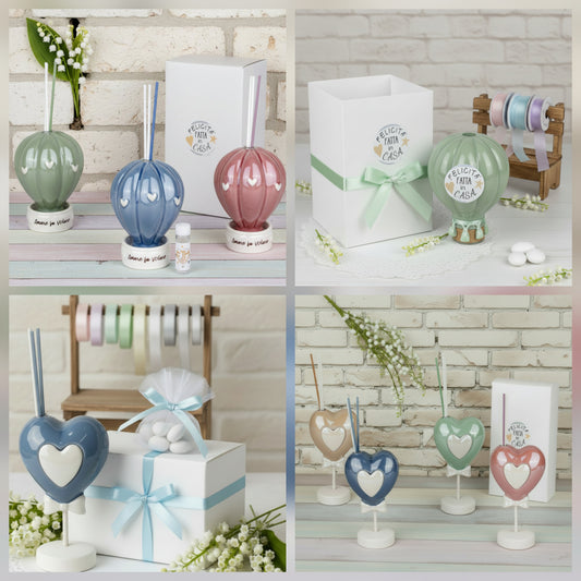 mongolfiera cuore piantina beige blu verde bordeaux rosa antico come confezioniamo diffusore profumatore porcellana allestimento confetti tulle e nastrino di raso con astuccio scatola da bomboniera matrimonio Comunione Cresima Battesimo