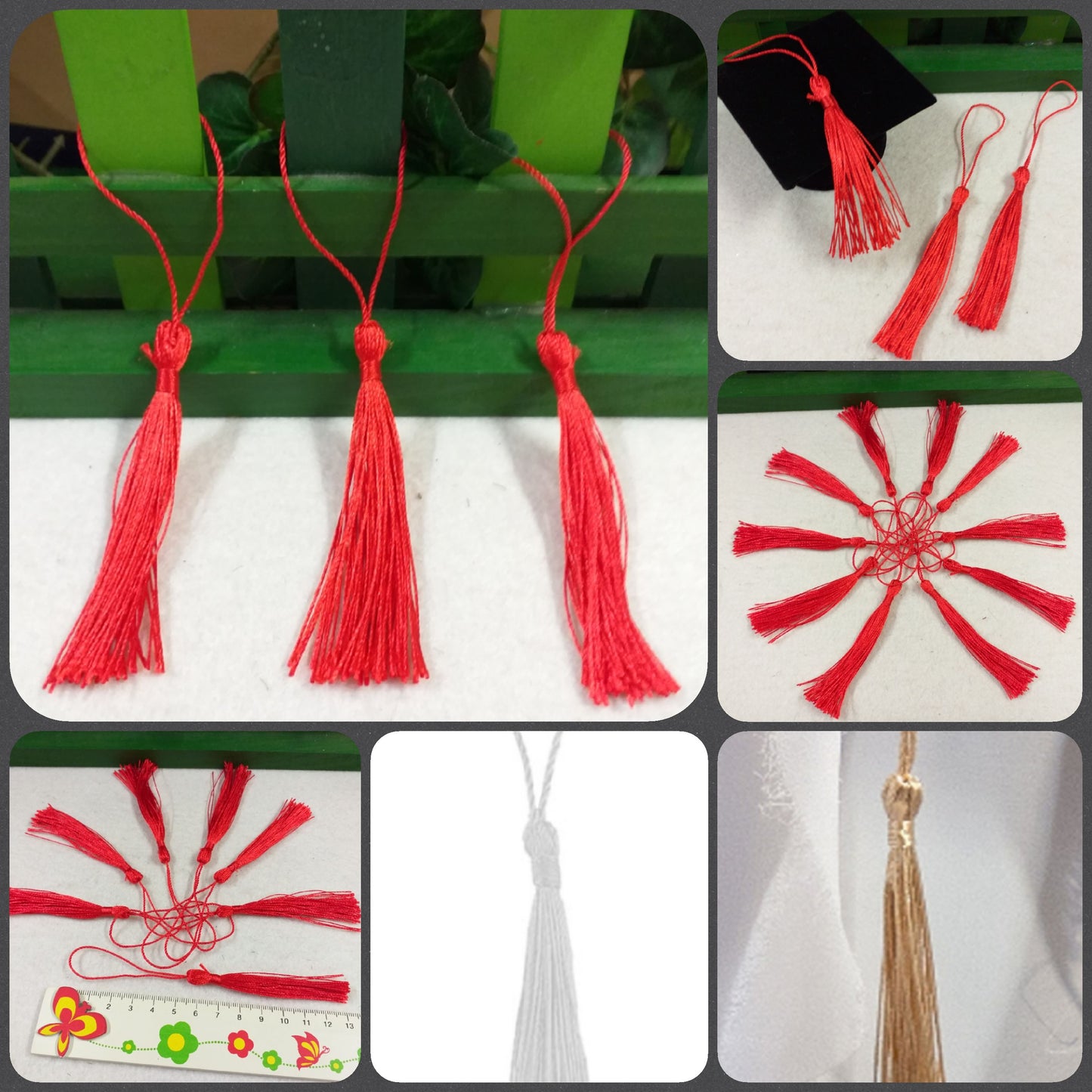 nappine di cordoncino decorative colorate rosse bianche oro brillante dorate da 13 cm uso segnalibro laurea bomboniere fai da te applicazioni