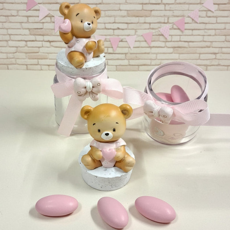 rosa bimba orsetto applicazione barattolo vasetto vetro tappo sughero fiocco cuoricino gesso idea fai da te bomboniere nascita Battesimo primo compleanno babyshower