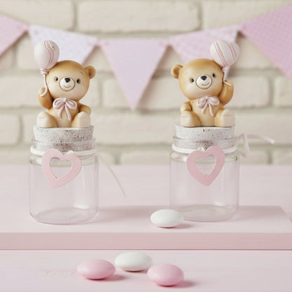 rosa bimba orsetto palloncini applicazione barattolo vasetto vetro tappo sughero fiocco cuoricino gesso idea fai da te bomboniere nascita Battesimo primo compleanno babyshower