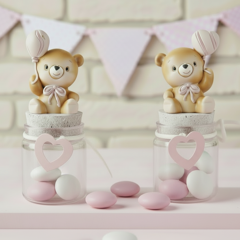 allestimento confettata di bebè rosa femminuccia bimba orsetto applicazione barattolo vasetto vetro tappo sughero cuoricino gesso idea fai da te bomboniere nascita Battesimo primo compleanno babyshower