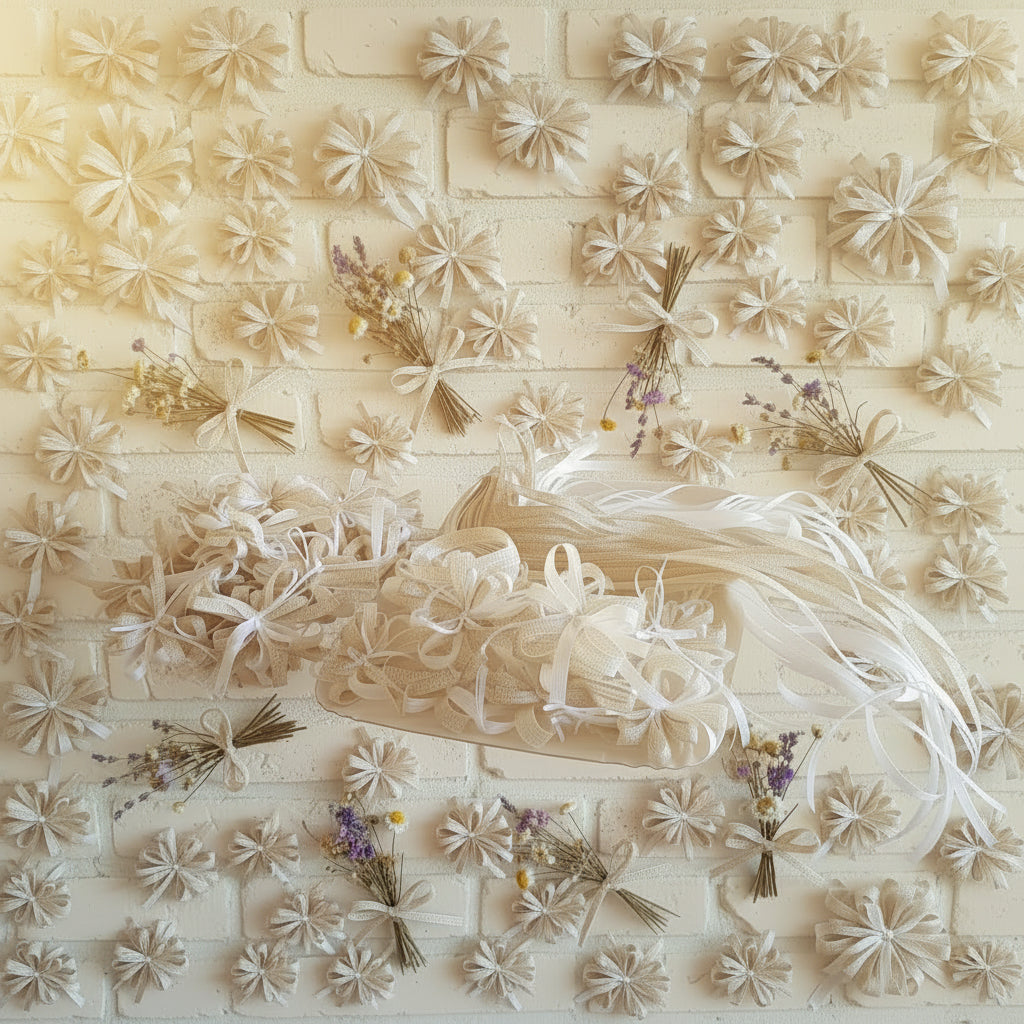 idee per allestimento fiori secchi e fiocchi juta confezionamento shop eco-friendly green nastro naturale grezzo beige lino sbiancato garza di carta a rete rustico shabby chic nastrino  uso confezionare bomboniere fai da te chiudipacco regalo packaging segnaposto vetrinistica hobbistica