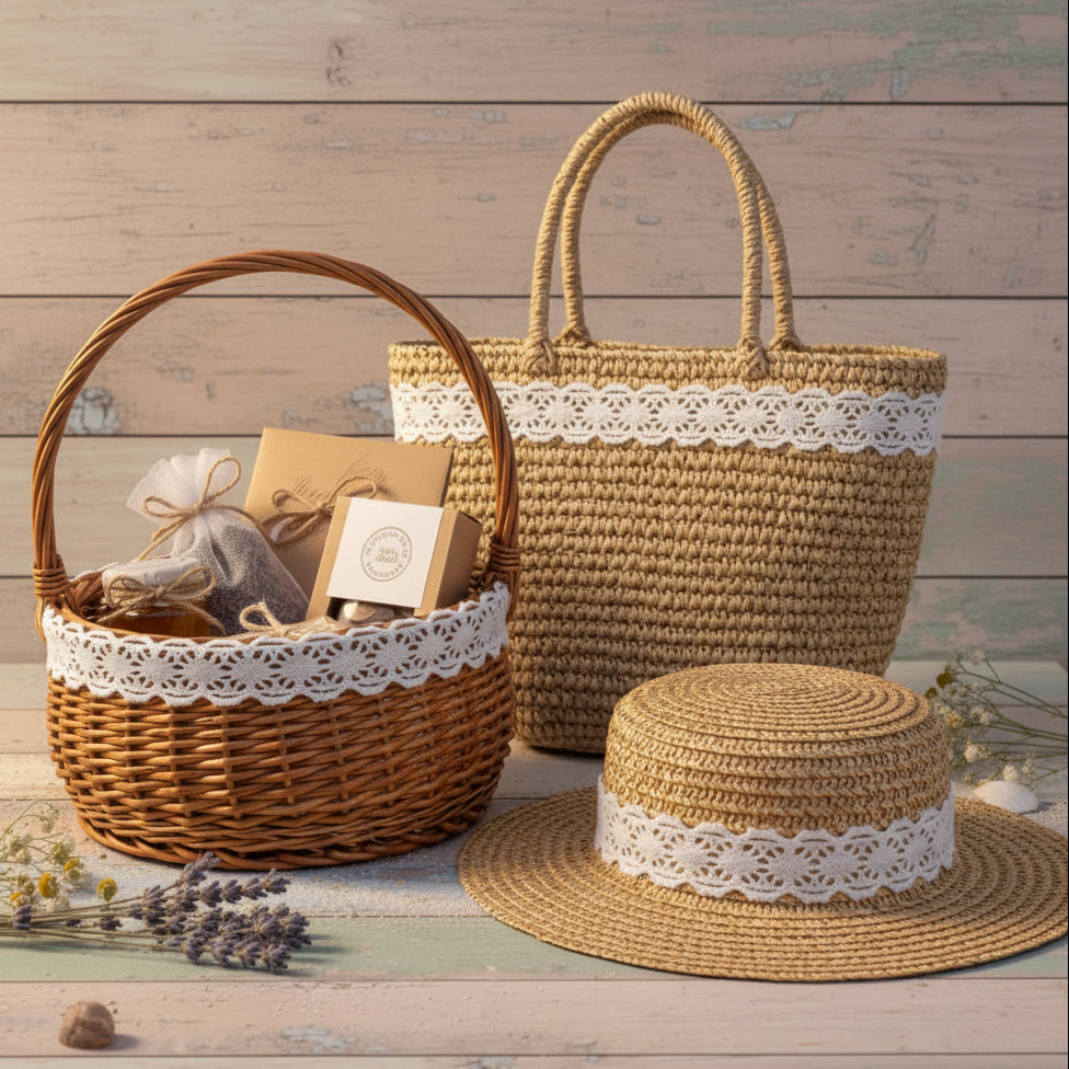 idee fai da te cucito creativo e bricolage di nastro pizzo con cappello di paglia, borsa di rafia, cestino vimini, fiori secchi tag vintage e shabby