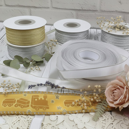 trenino bordo oro argento lurex assortimento vetrina nastro decorativo per bomboniere anniversario matrimonio nozze e decorazioni albero natale confezioni regalo pacchi packaging