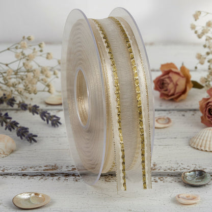 nastro organza rinforzato panna crema oro dorato 25 mm con ferretto bordo animato ondulato arricciato per fiocco coccarda facile uso packaging confezionamento bomboniere fai da te acconciature sposa bouquet