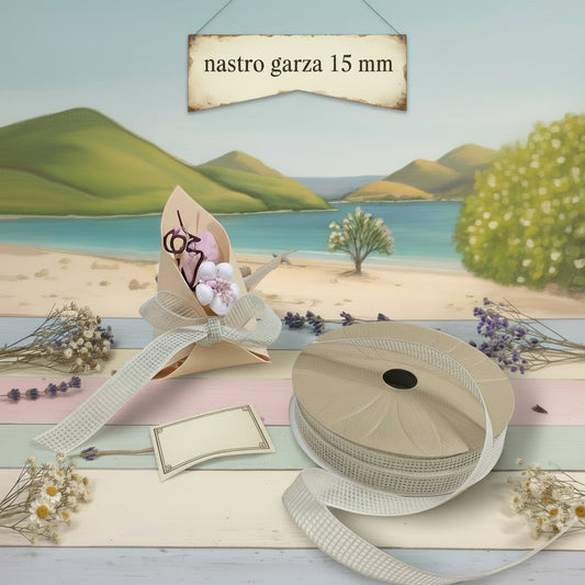 nastro garza di carta a rete naturale grezzo beige chiaro rustico shabby chic nastrino basso 15 mm uso fiocchi confezionare bomboniere fai da te chiudipacco regalo packaging segnaposto vetrinistica hobbistica