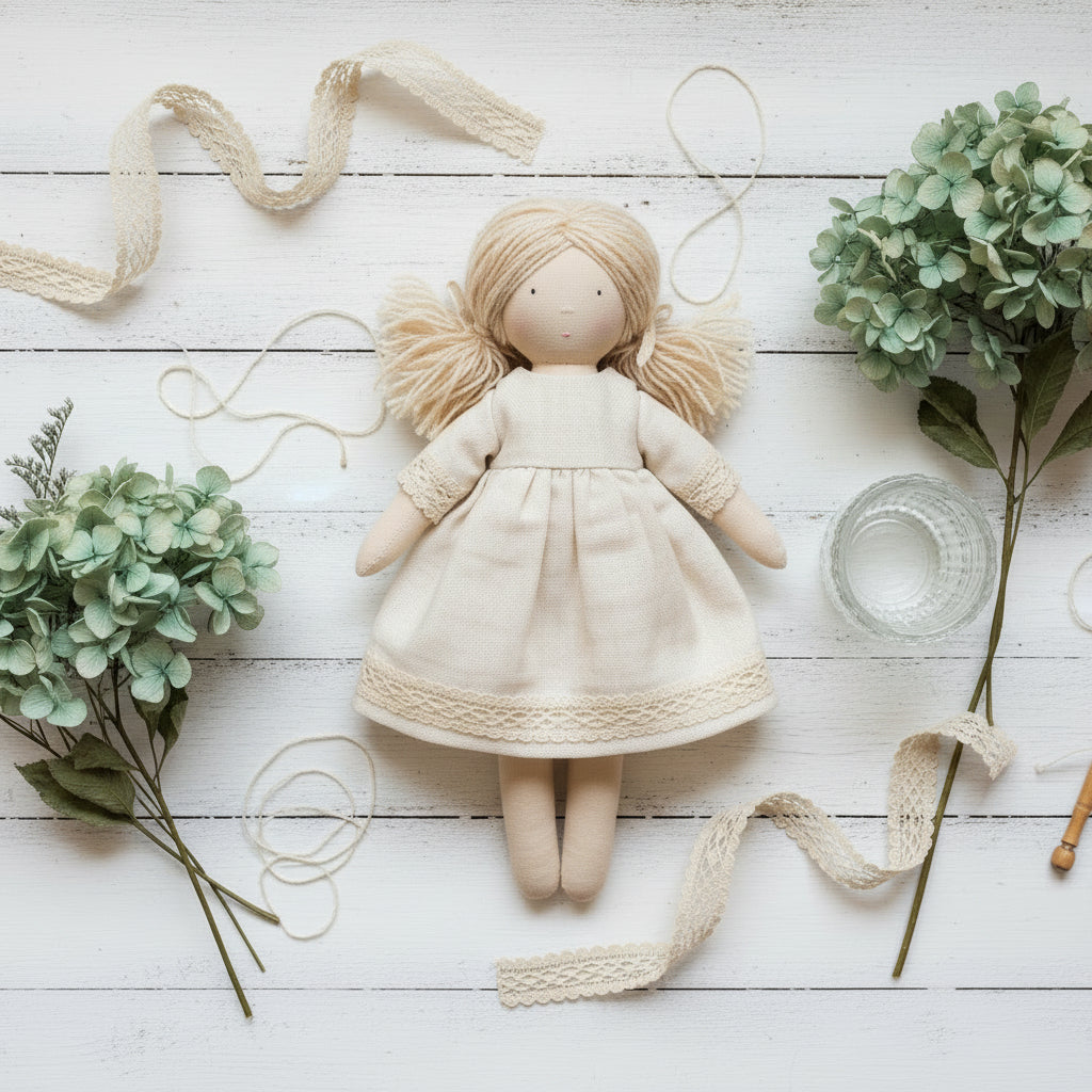 idea fai da te cucito creativo di bambola di pezza con nastro pizzo avorio da cucire sul vestito o applicare su bicchiere di vetro portacandela.