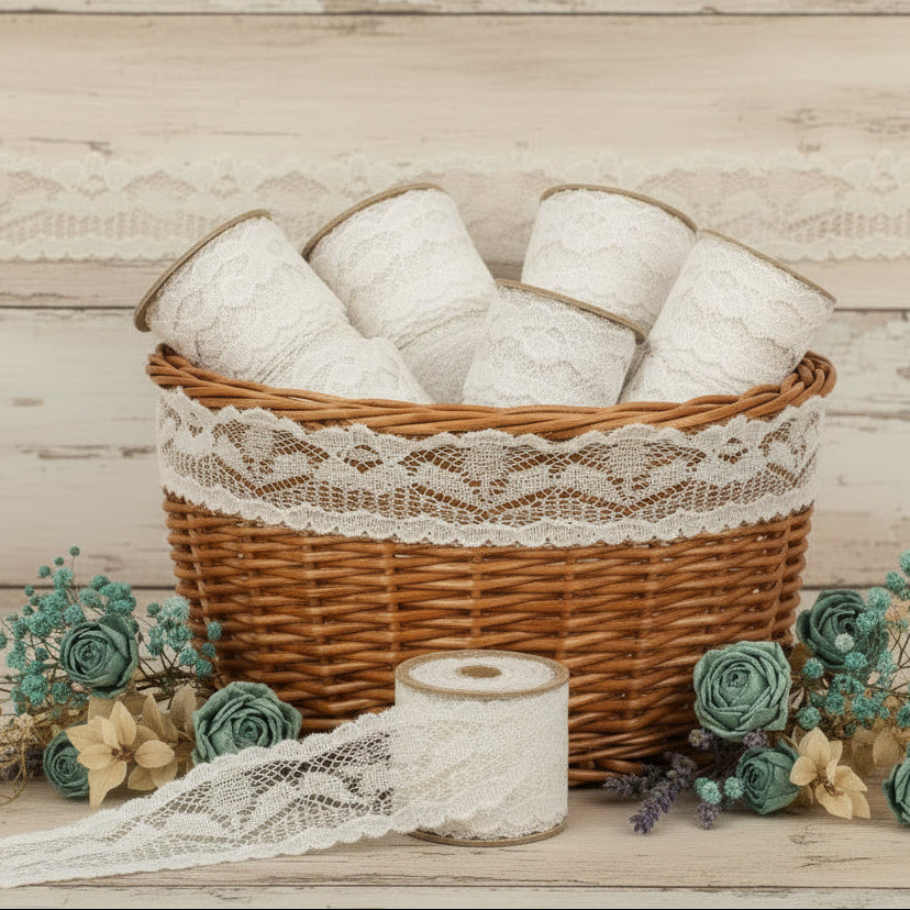 rotolo nastro bianco di pizzo sintetico tessuto fiori uso fai da te bomboniere confezionare pacchi regalo cucito creativo abbigliamento, idea applicazione cesti vimini