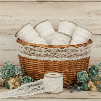 rotolo nastro bianco di pizzo sintetico tessuto fiori uso fai da te bomboniere confezionare pacchi regalo cucito creativo abbigliamento, idea applicazione cesti vimini