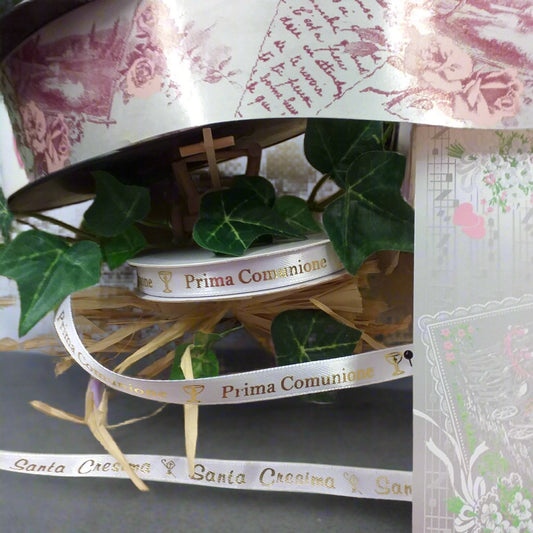 nastro bomboniere fai da te e confettata di raso carta stampato scritta Santa Cresima Battesimo simboli Prima Comunione matrimonio carrozza cavalli note musicali rose frasi