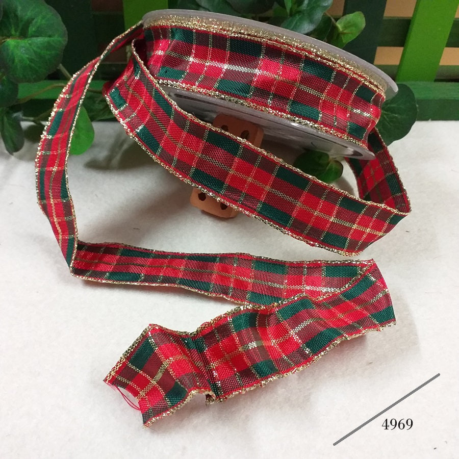 classico rosso verde oro scozzese nastro tartan quadretti con bordo rinforzato animato con ferretto per fiocchi coccarde addobbi decorazioni albero di Natale