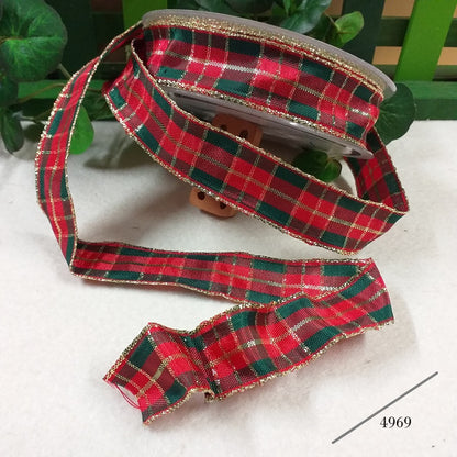 classico rosso verde oro scozzese nastro tartan quadretti con bordo rinforzato animato con ferretto per fiocchi coccarde addobbi decorazioni albero di Natale