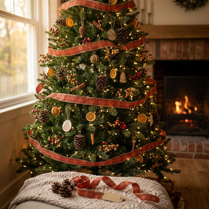 idea fai da te addobbi albero di natale con spezie pigne cannella arancia essiccata bacche stile shabby boho chic e nastro rosso scozzese a quadretti dorato