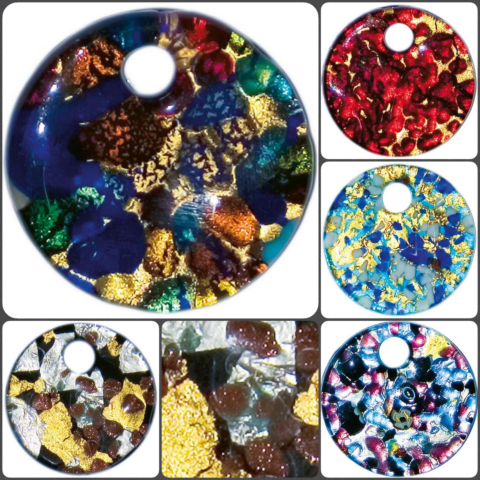 shop negozio di vendita online colori rosso azzurro nero oro argento marrone piastra rotonda 5 cm stile Murano ciondolo vetro per collana pendente grande fai da te gioielli bijoux bigiotteria