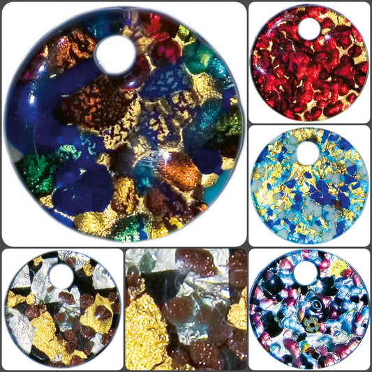 shop negozio di vendita online colori rosso azzurro nero oro argento marrone piastra rotonda 5 cm stile Murano ciondolo vetro per collana pendente grande fai da te gioielli bijoux bigiotteria