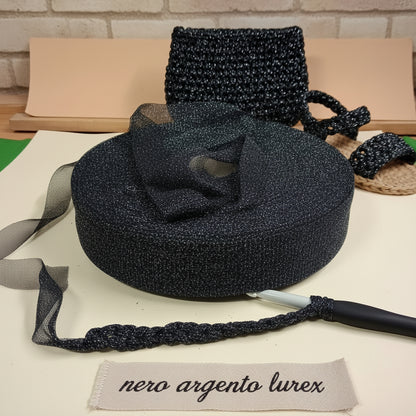 fettuccia nero argento lycra pizza lurex glitter brillantinata per borse uncinetto pochette sandali clutch bags cerimonia matrimonio confezioni regalo