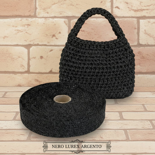 fettuccia nero argento lycra pizza  lurex glitter brillantinata per borse uncinetto pochette clutch bags cerimonia matrimonio confezioni regalo pasquali