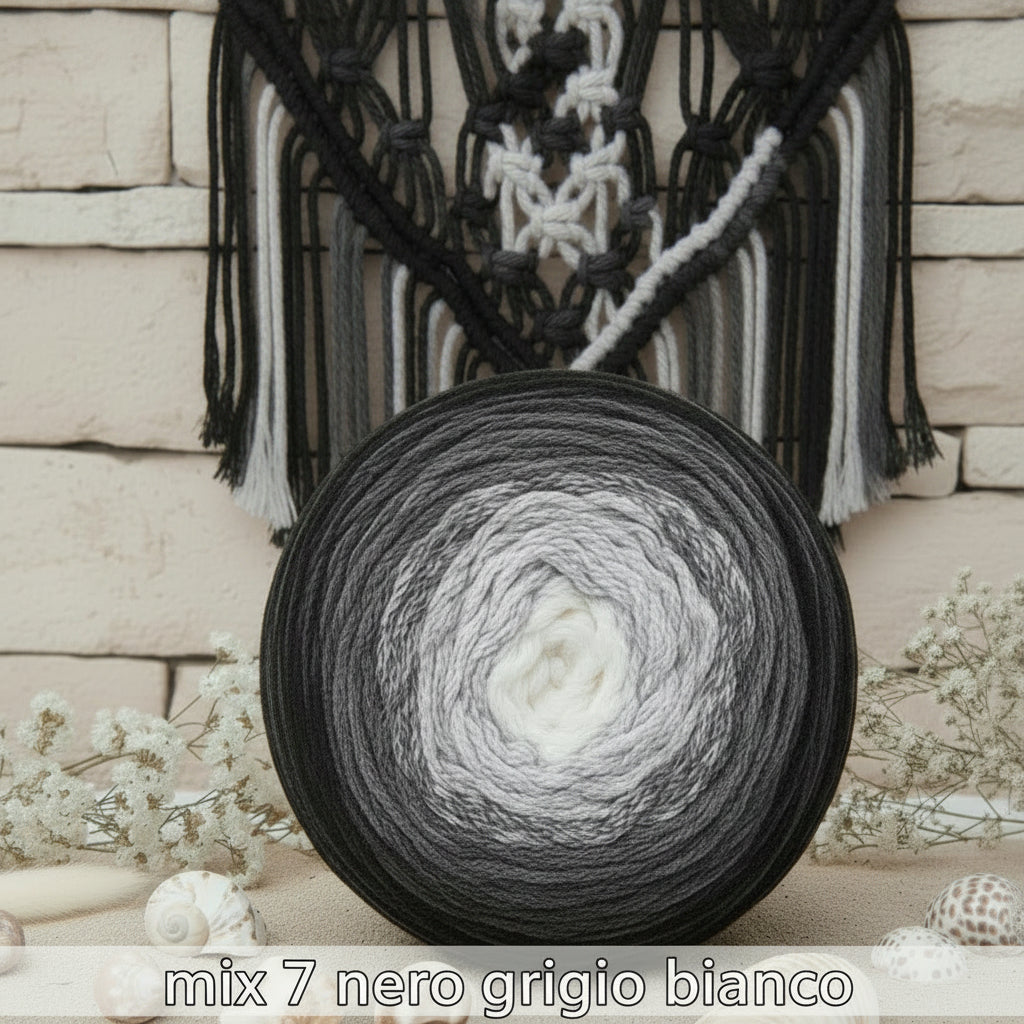nero bianco grigio cordoncino mix cotone green reciclato 70% My Macramè Stafil maxi gomitolo 250 g circa 220 metri spessore 2 mm corda sfumato cordino per uncinetto 5-6 