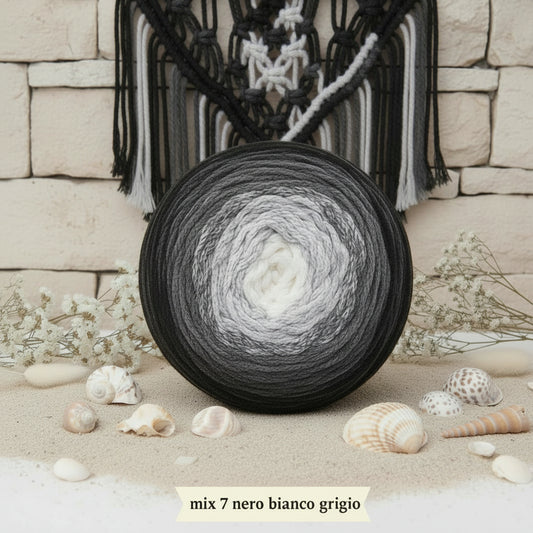 nero bianco grigio cordoncino mix cotone green reciclato 70% My Macramè Stafil maxi gomitolo 250 g circa 220 metri spessore 2 mm corda sfumato cordino per uncinetto 5-6 