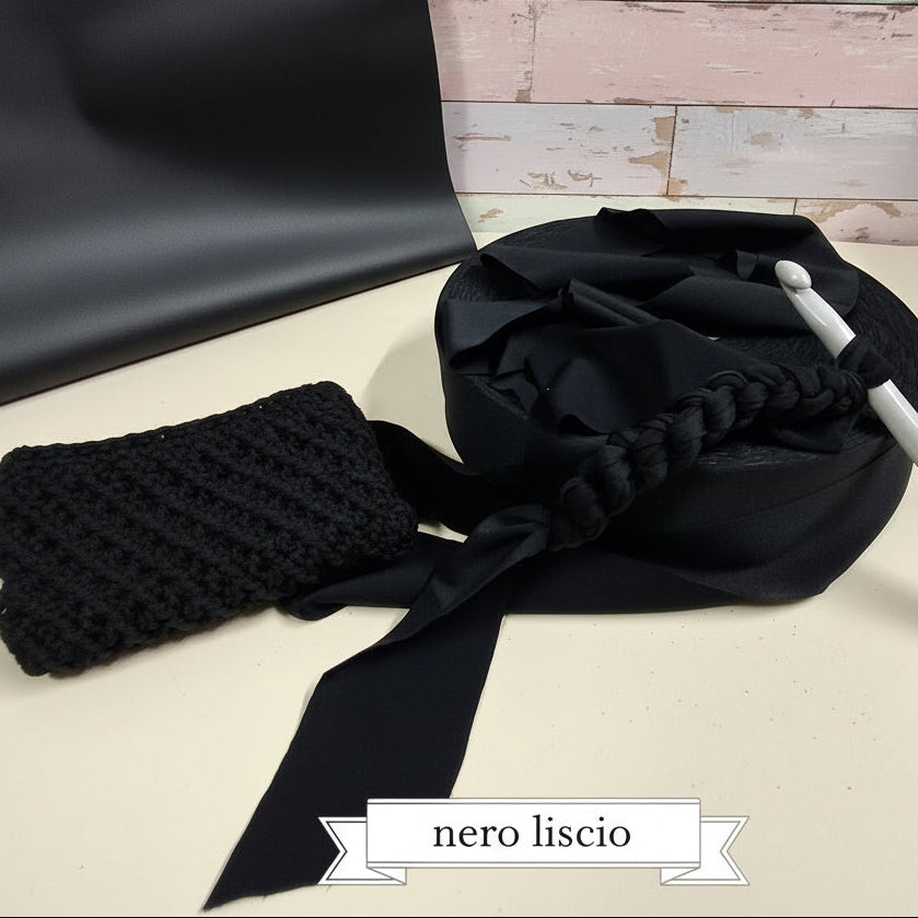 colore nero maglina liscia fettuccia lycra soft uncinetto uso sferruzzare borse pochette clutch bags, borsellino shopper