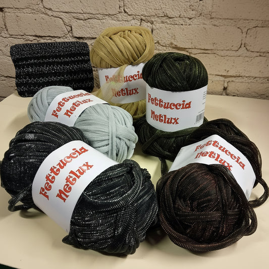 5 colori fettuccia Netlux filato di tulle glitter per borse uncinetto cappelli copricostume maglie estivo abbigliamento moda mare spiaggia piscina shopper clutch bags colori fashion pochette borsellino marrone nero oro e argento