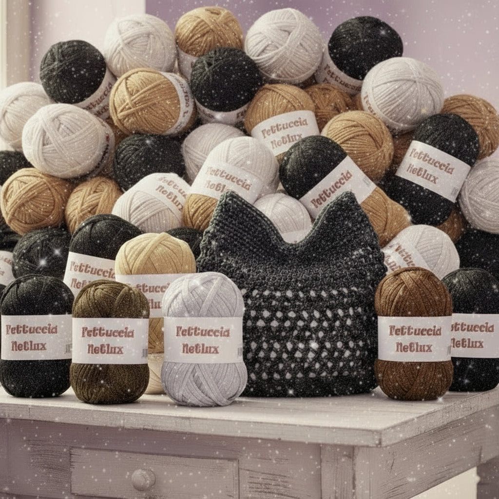 nero oro argento dorato beige fettuccia Netlux filato di tulle in organza glitter lurex brillantini con filo lamè dorato per borse uncinetto cappelli copricostume maglie estivo abbigliamento moda mare spiaggia piscina shopper clutch bags colori fashion