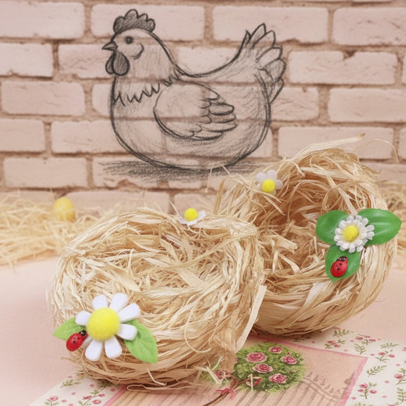 nidi finti artificiali di paglia rafia di legno applicazioni fiori margherite stoffa feltro coccinelle portafortuna uso centrotavola decorazioni addobbi albero pasquale vetrine