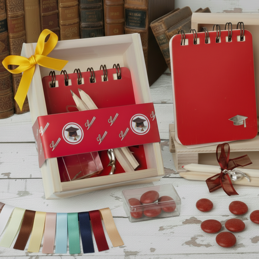 set di scrittura astuccio legno e plastica scritta laurea matite mini block notes ciondolo cappello tocco scatolina trasparente portaconfetti confetti rossi coccarda nastro confezionata artigianale