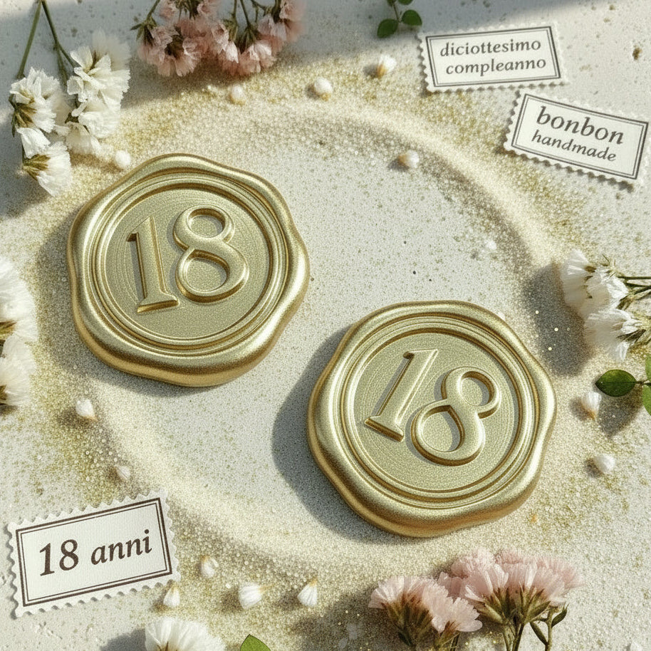 chiudi pacco applicazione adesiva numero 18 su simil-sigillo ceralacca ad uso confezioni bomboniere fai da te diciottesimo compleanno per festeggiare anni maggiorenne da incollare su sacchetti scatoline inviti