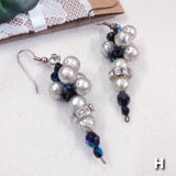 grigio argento nero onice rondelle brillantini strass orecchini fatti a mano particolari pendenti originali artigianali con pietre di vetro perline cristalli perle cerate