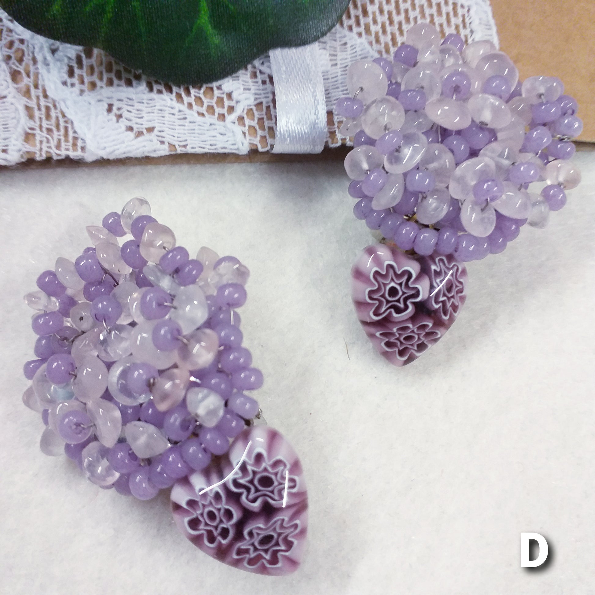 lilla glicine cuoricini murano venezia orecchini fatti a mano particolari pendenti originali con pietre di vetro perle ametista quarzorosa tipo-dure