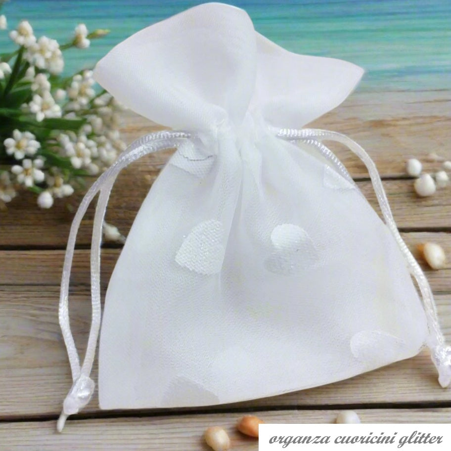 bustina economica 10 x 12 cm di organza cuoricini glitter sacchetto bianco per confetti bomboniera di tessuto uso portaconfetti portalavanda con cordino tirante portariso sposi matrimonio packaging fiori secchi profumati semi di piantine erboristeria