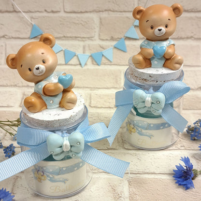 bebè maschietto celeste bimbo orsetto applicazione barattolo vasetto vetro tappo sughero cuoricino gesso idea fai da te bomboniere nascita Battesimo primo compleanno babyshower