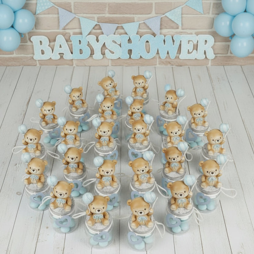 bimbo maschietto azzurro orsetto applicazione barattolo vasetto vetro tappo sughero fiocco cuoricino gesso e palloncini idea fai da te bomboniere nascita Battesimo primo compleanno babyshower