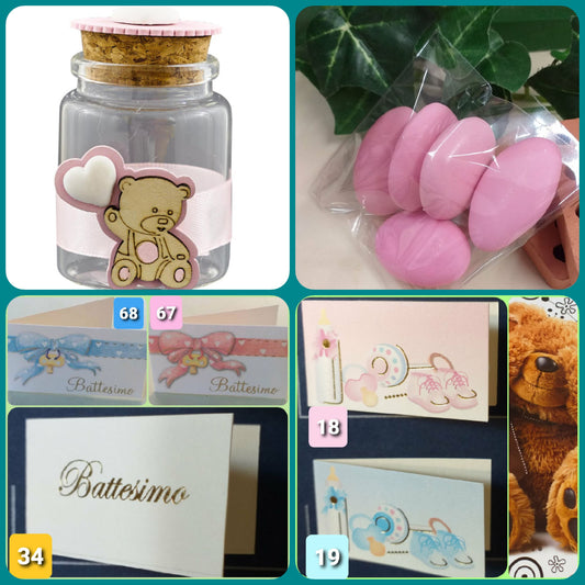 come confezionare barattolo vasetto portaconfetti vetro tappo sughero applicazione gessetto cuore orso legno palloncino nastro kit fai da te da confezionare confetti bigliettino nascita babyshower primo compleanno Battesimo Italian bomboniere di bimba femminuccia in rosa