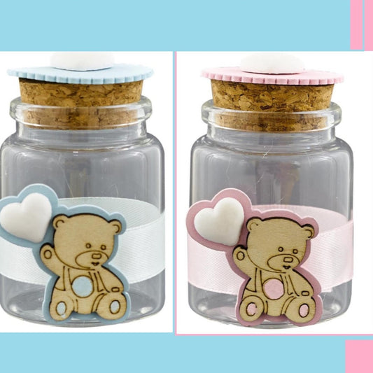 barattolo vasetto portaconfetti vetro tappo sughero applicazione gessetto cuore orso legno palloncino nastro kit fai da te da confezionare confetti bigliettino nascita babyshower primo compleanno Battesimo Italian bomboniere