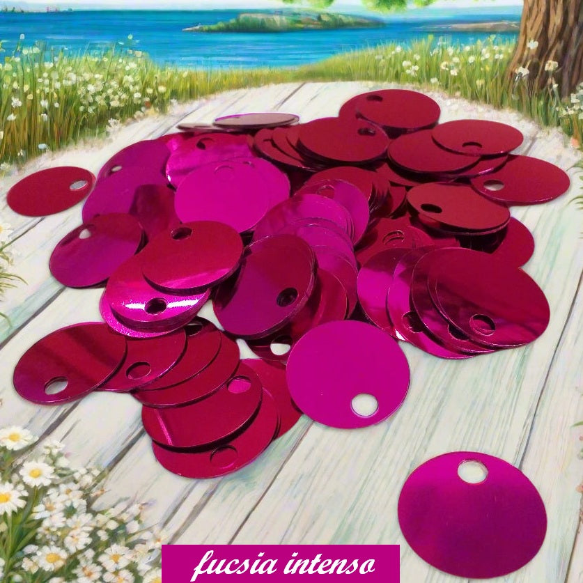 fucsia intenso grandi giganti paillettes da 25 mm foro 5 mm per borse uncinetto pochette di fettuccia thai lycra lurex clutch bags crochet knitting chunky