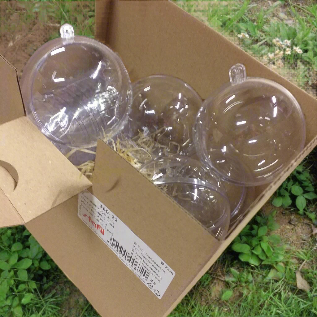 stock offerta scatola sfere palline plastica plexiglass divisibili apribili diametro 7 cm uso confezione palle Natale, portaconfetti packaging bomboniere, piccole sorprese regalini