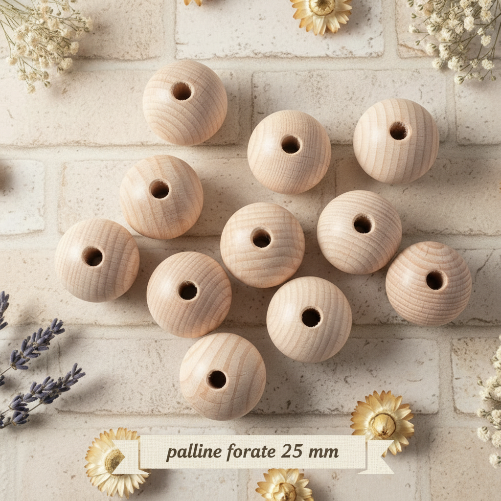 diametro 25 mm sfere palline oggetti legno con foro buco passante forate grandi uso creare testine faccine con visetti gnomi testa bambole angioletti fai da te lavoretti creativi natalizi bambini