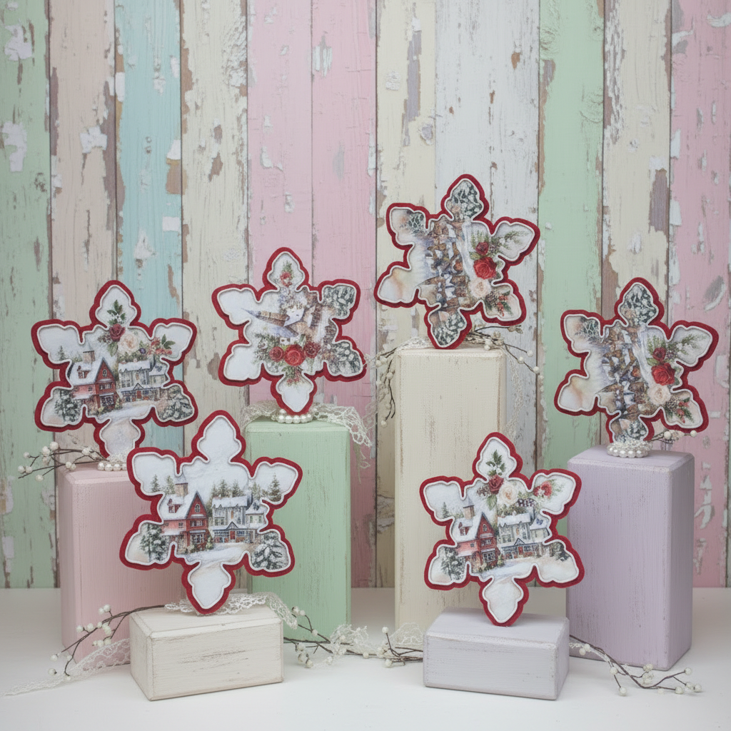 vetrina addobbi cristalli di ghiaccio motivi casette villaggio neve Natale pannello pannolenci stampato motivi da ritaglio cucito creativo idee per creare decorazioni di pezza stoffa tessuto per albero natalizio negozio allestimento casa