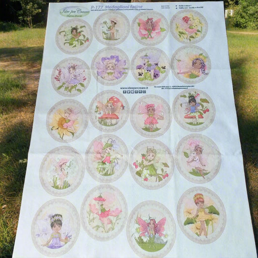 P-177 pack 50 x 80 cm 20 pezzi elfi del bosco fatine dei fiori lilla rosa giallo medaglioni pannello pannolenci stampato per fioristi decorazioni addobbi albero di natale vetrinistica packaging