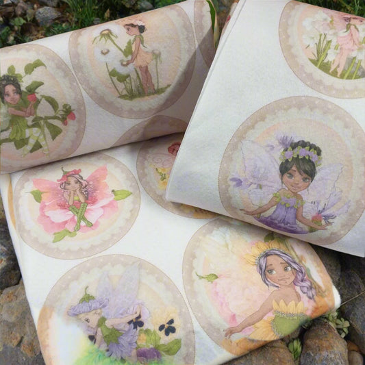 elfi del bosco fatine dei fiori lilla rosa giallo medaglioni pannello pannolenci stampato per fioristi decorazioni addobbi albero di natale vetrinistica packaging