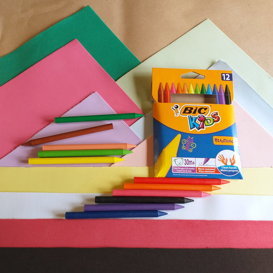 kit gomma crepla verde rosa lilla tinta carne giallino bianco bordeaux nero panna crema colorare fommy con 12 bic kids pastelli a cera colorati plastidecor