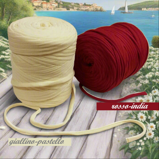 eco cotone lycra giallino crema pastello e rosso-india fettuccia wiggly cucirini tre stelle per borse uncinetto cestini estivi pochette clutch bags sacche mare spiaggia zainetti amigurumi lavori crochet estivi  filato yarn garne t-shirt colorato moda fashion abbigliamento sporta piscina