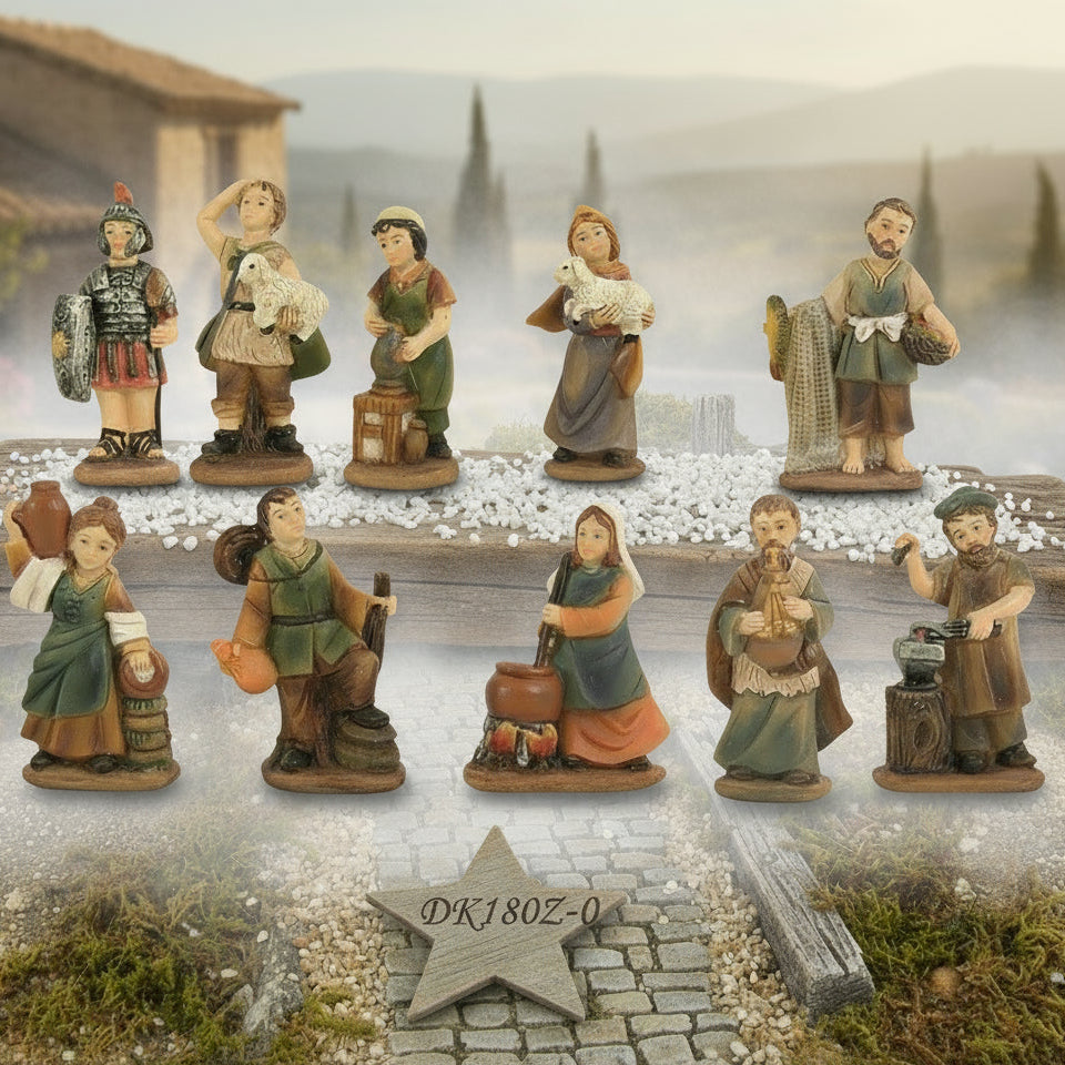 pastore pastorella con pecore vasaio mercante zampognaro fabbro contadino statuine 3-4 cm presepe natale plastica simil-legno miniature piccole figuranti statuette artigiani popolani uso allestimento vetrinistica